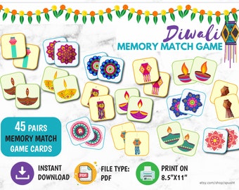 Diwali Memory Match Game, afdrukbare Diwali-spellen voor kinderen, familie en vrienden, Desi Party Games, Hindu Festival of Lights, Diwali-activiteiten