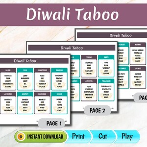 May include: Diwali Taboo game cards with teal and white text boxes. The game includes three pages with various words and phrases related to Diwali. The bottom of the image has the words "Instant Download", "Print", "Cut", and "Play".