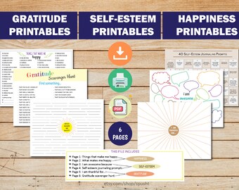 May include: Printable worksheets for gratitude, self-esteem, and happiness journaling. The set includes six pages with prompts and activities. The pages are designed with a colorful and cheerful aesthetic.