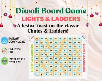 Diwali Party Game Printable, Diwali-Theme Chutes and Ladders Game, Festive Twist on Snakes & Ladders, For Kids and Adults, Workplace Diwali