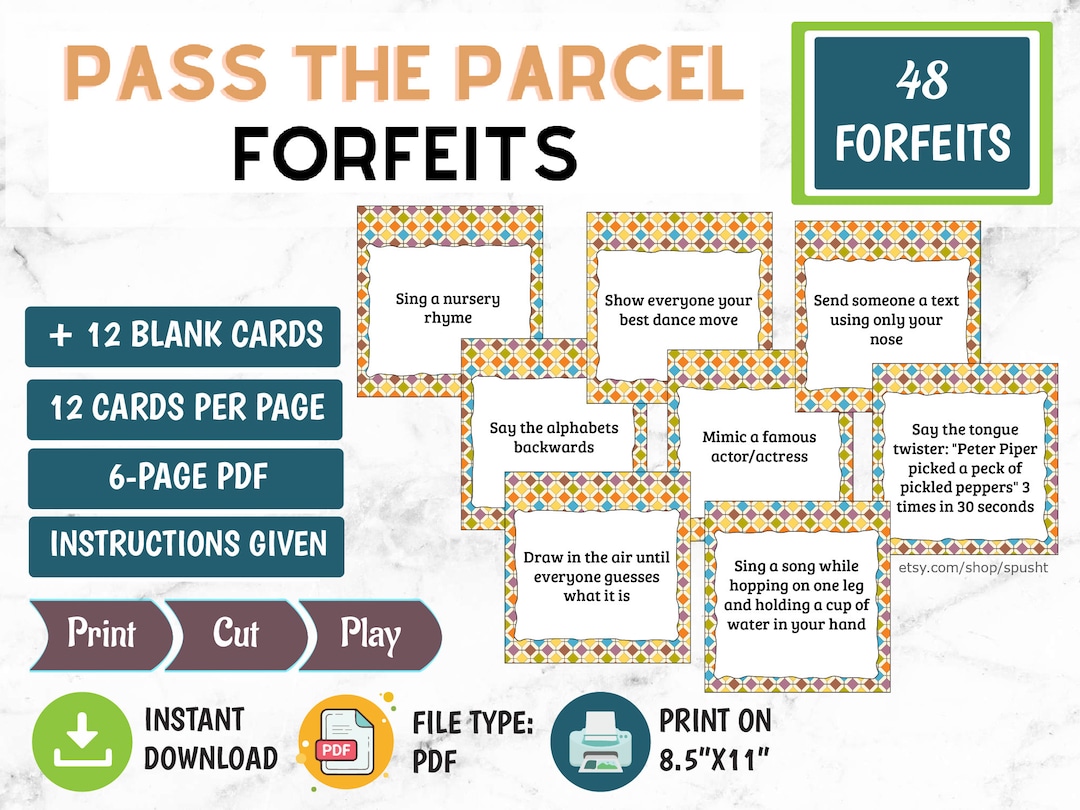 Pass the Parcel Game Forfeits, Birthday Party Game Printable