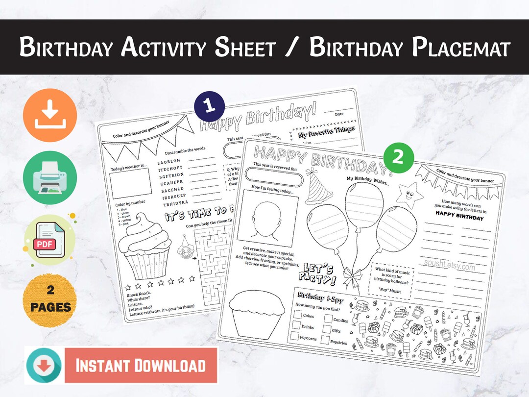 Birthday Placemat, Kids Placemat Printable, Birthday Activity Pages ...