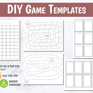 May include: A set of printable DIY game templates, including a blank grid, a maze, and a set of blank cards. The templates are designed to be printed on letter size paper (8.5" x 11").