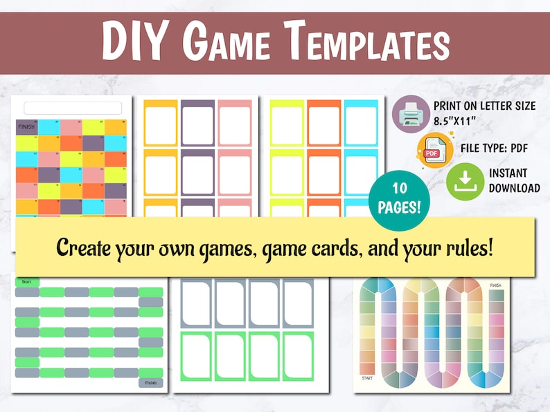 May include: Printable DIY game templates with 10 pages. The templates include a game board, game cards, and a grid. The templates are designed to be printed on letter size paper, 8.5" x 11".