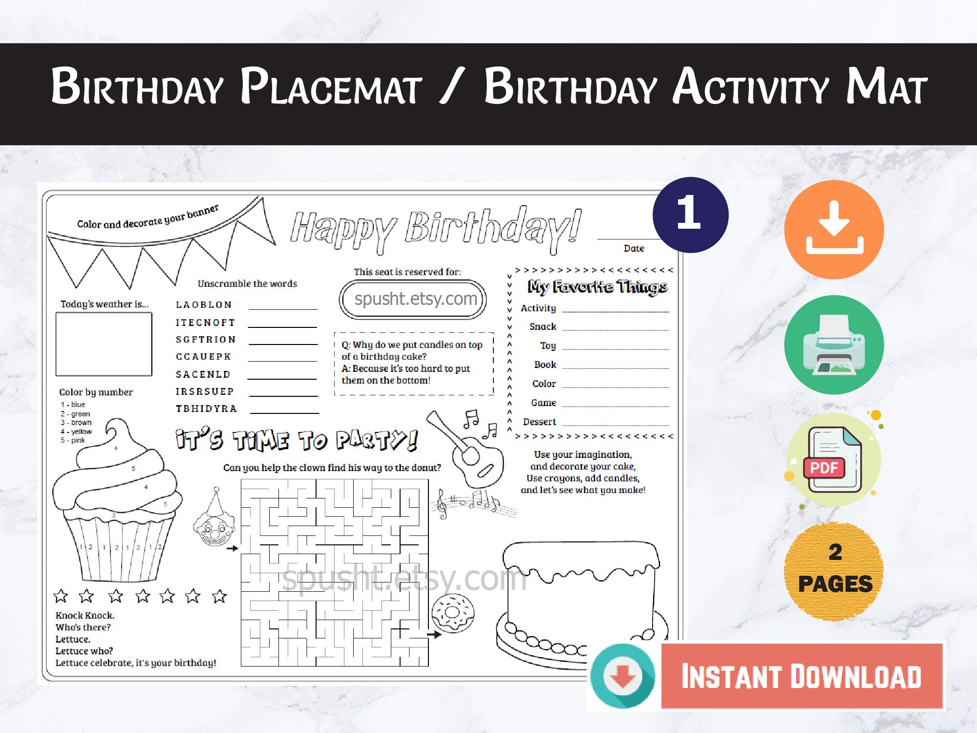 Birthday Placemat Birthday Activity Sheet Birthday Etsy
