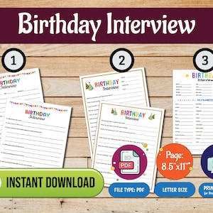 Kids Birthday Interview Printable: Yearly Memory Book Questions (Set of 3, PDF Download)