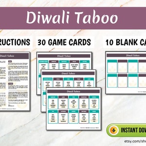 May include: A game set titled "Diwali Taboo" with instructions, 30 game cards, and 10 blank cards. The cards have a teal and white design. The game set is available for instant download.