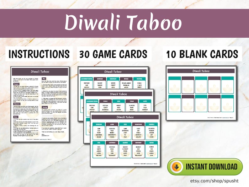 May include: A game set titled "Diwali Taboo" with instructions, 30 game cards, and 10 blank cards. The cards have a teal and white design. The game set is available for instant download.