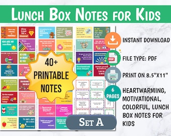 May include: A set of 6 printable pages of colorful lunchbox notes for kids. The notes feature motivational and heartwarming messages. The title of the set is "Set A" and the notes are designed to be printed on 8.5" x 11" paper.