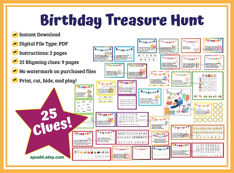 Birthday Scavenger Hunt for Kids, Birthday Treasure Hunt, Indoor Treasure Hunt Clues, Birthday Celebration, Printable Scavenger Hunt Cards image 1