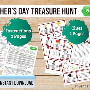 May include: Father's Day Treasure Hunt printable game set with instructions, clues, and a word search puzzle. The set includes 4 pages of clues and 2 pages of instructions. The game is designed for an indoor scavenger hunt. The set is labelled "Set C".