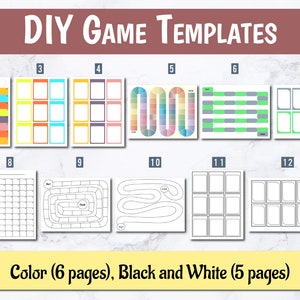 May include: Twelve printable game templates, six in color and six in black and white. The templates include a variety of game boards, including a grid, a path, and a maze.  DIY Game Templates.