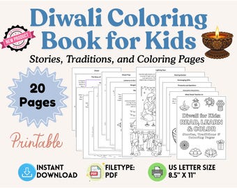 Diwali Coloring Pages, Read, Learn, and Color, Printable Diwali Coloring Book, Festival of Lights, Activity Book for Kids, Instant Download