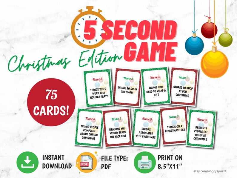 Christmas 5 Second Game, Holiday Game for Work, Fun Christmas Party Games, for Large Group, Name Three, Minute to Win It, Family Game Night image 1