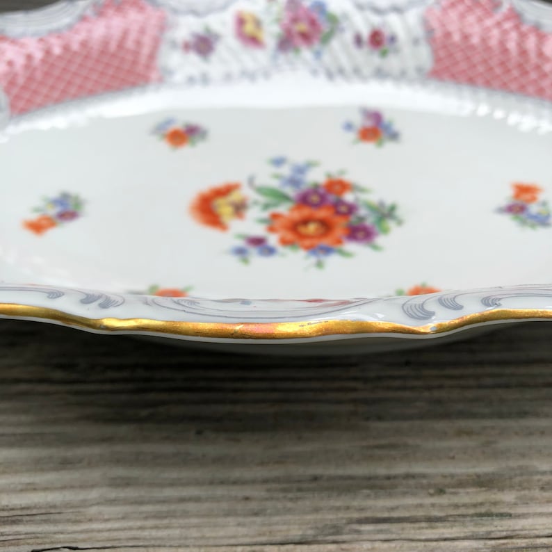 POST WWII HISTORY**Schumann Bavaria oval vegetable bowl Dresden flowers and red lattice Bouquet pattern variant