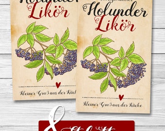 8 x Dunkler Holunder-Likör | Etiketten 61 x 100 mm