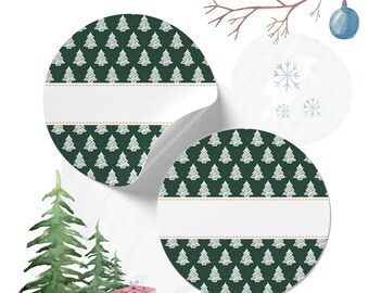 May include: Two round green and white Christmas gift tags with a white border and a white space for writing. The tags have a pattern of small white Christmas trees on a green background. The tags are partially peeled back to reveal a white background. There is a small pink gift box with white polka dots in the lower left corner of the image.