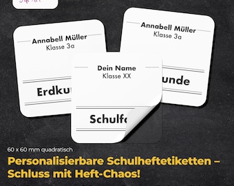 May include: White rectangular labels with rounded corners, featuring black text. The labels include names, class information, and the word "Schulheftetiketten." The labels are 60 x 60 mm.