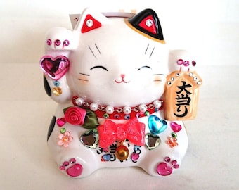 ヴィンテージ 招き猫 - 大型陶器製招き猫貯金箱、幸運風水置物、26.5cm