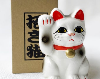 MANEKI NEKO Coinbank Japanese lucky cat TOKONAME yaki Right hand Up White Japan