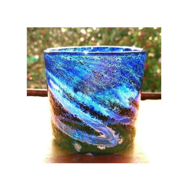 Japanese Ryukyu glass Beer rock cup Tumbler Blue sea Genkichi Genga Made in Japan Okinawa