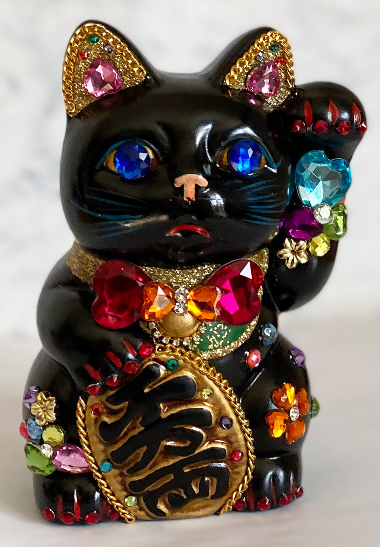 Deco Maneki Neko Japanese Lucky Cat Left Paw Handcraftblack Etsy
