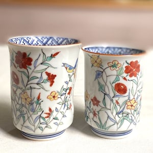 125 Yunomi Kyo Kiyomizu yaki porcelain Japanese tea cup set Colorful Flower Bird