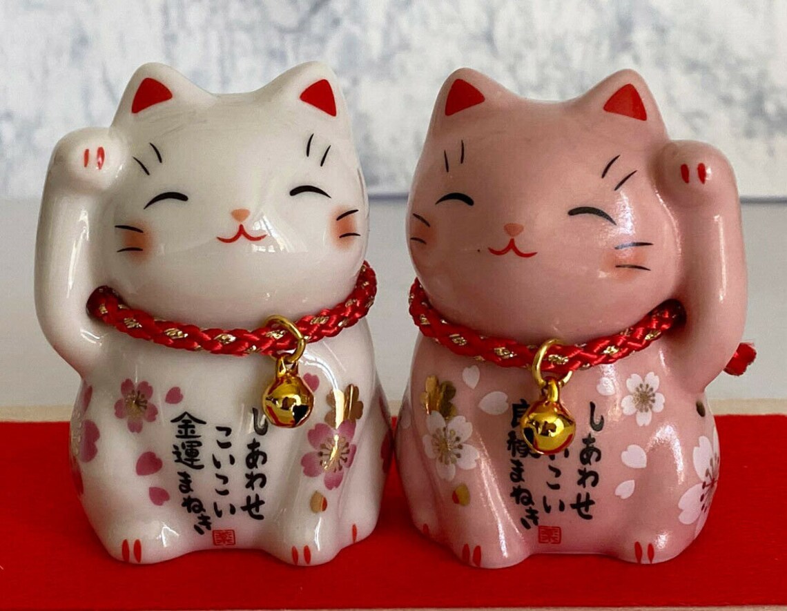Pair Maneki Neko Lucky Cat Pink White Sakura Cherry Happy Etsy