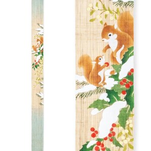 Kyoto Tapestry Wall Hanging Handpainted Linen Folly leaves Winter Squirrel