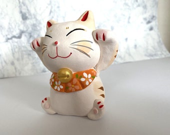 Maneki Neko Japanese Lucky Cat Seto Yaki Both Hand Up Etsy Canada