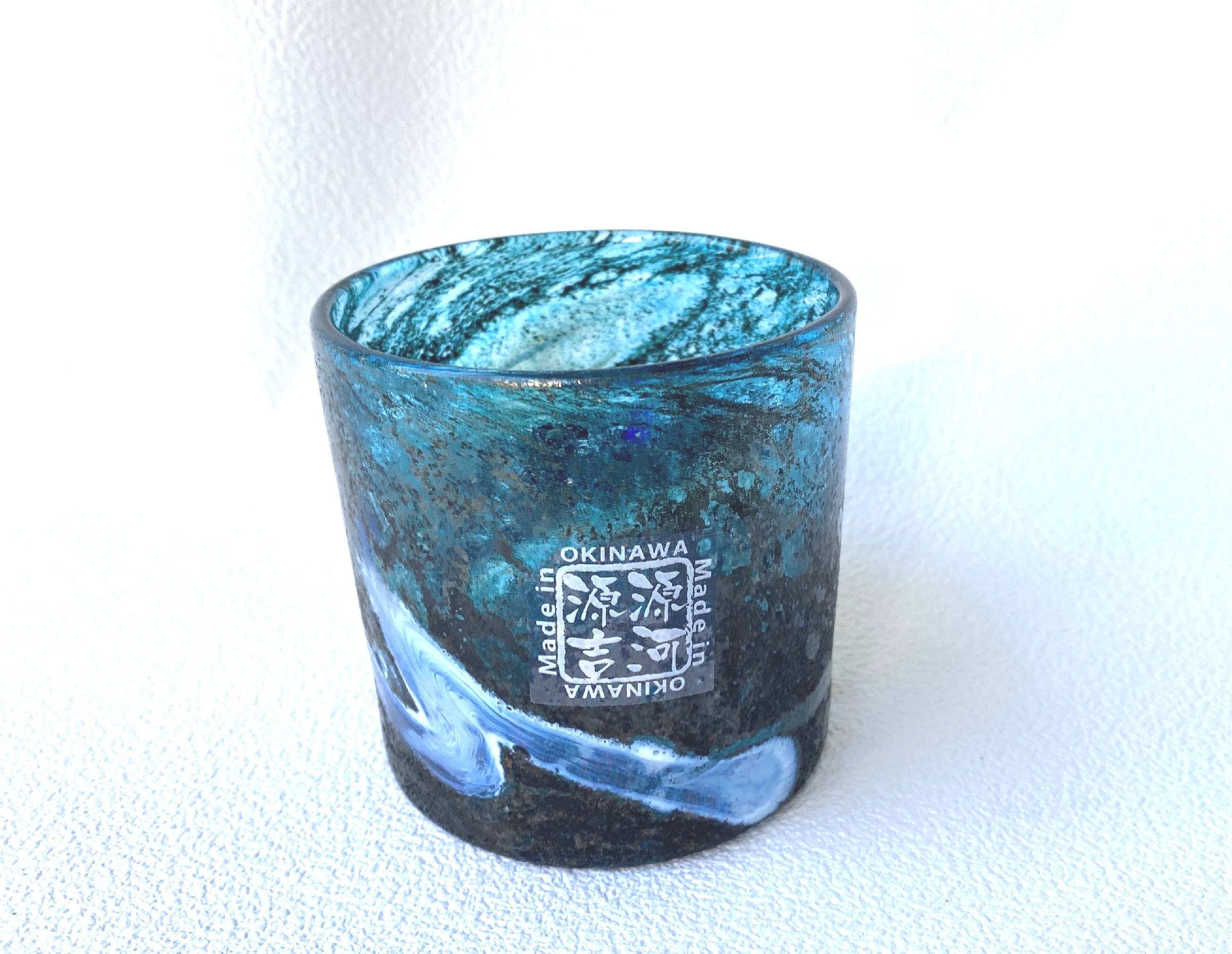 Japanese Ryukyu Glass Beer Rock Cup Tumbler Light Blue Sea Made in