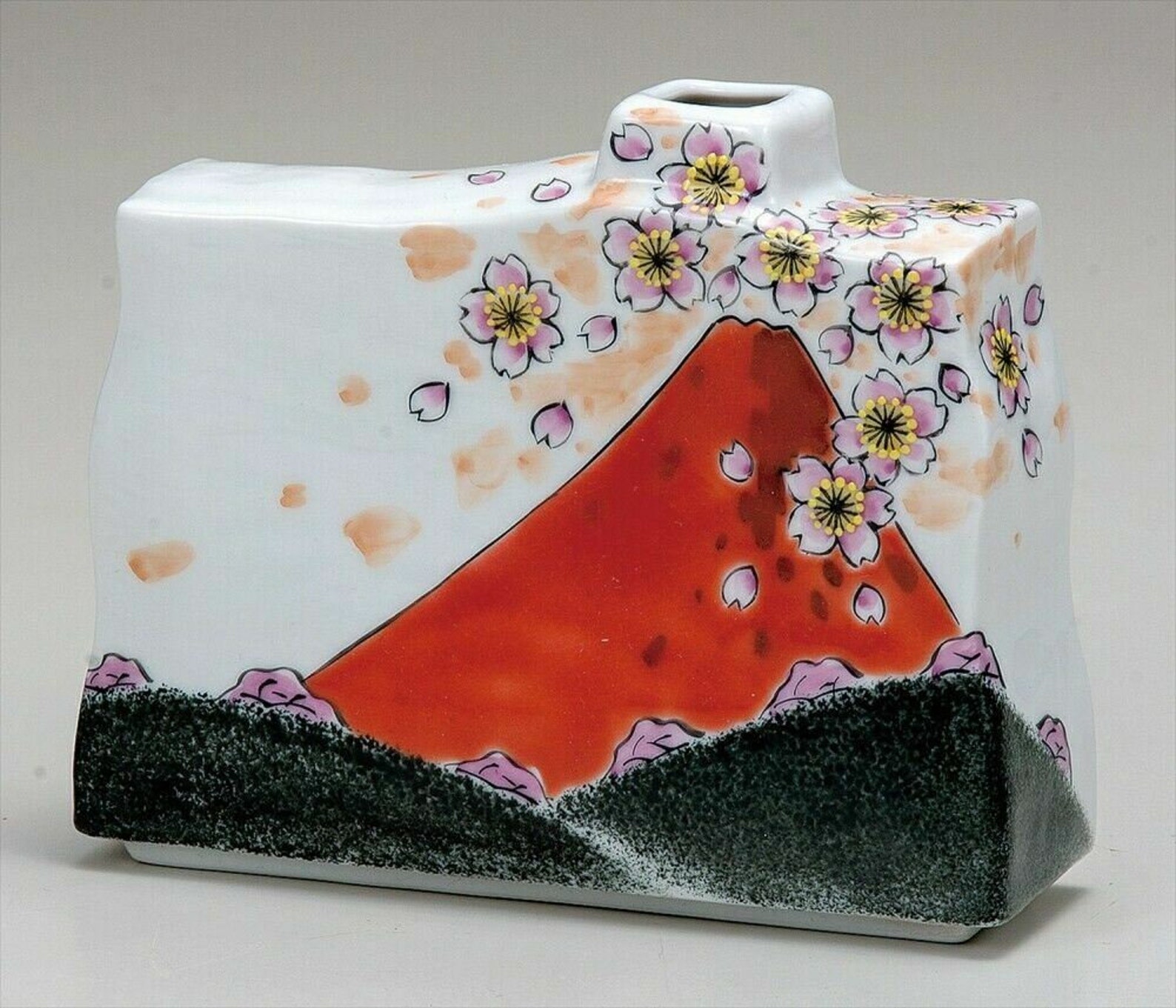 Kutani yaki ware Japanese Flower pot Vase Red Fuji motif Etsy