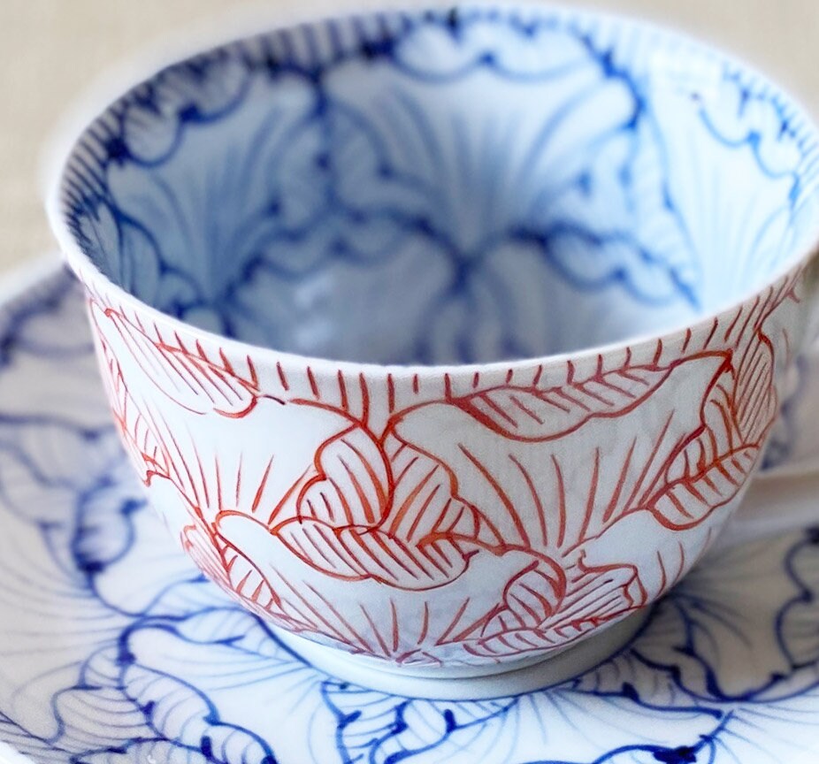 Arita Yaki Porcelain Japanese Coffee Cup and Saucer Flower Petal