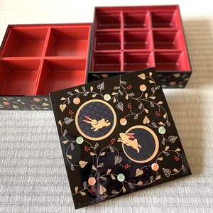 Jubako Bento Box Rabbit Black Lunch Box Yamanaka lacquerware Japan w/4 case w/Lid Hanami Picnic