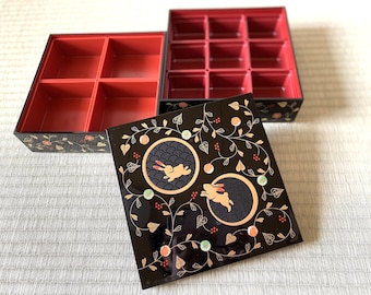 Jubako Bento Box Rabbit Black Lunch Box Yamanaka lacquerware Japan w/4 case w/Lid Hanami Picnic