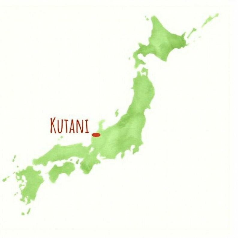 May include: A watercolor map of Japan with a red dot marking the location of Kutani.