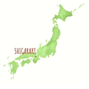 May include: A watercolor map of Japan with the city of Shigaraki highlighted in red.