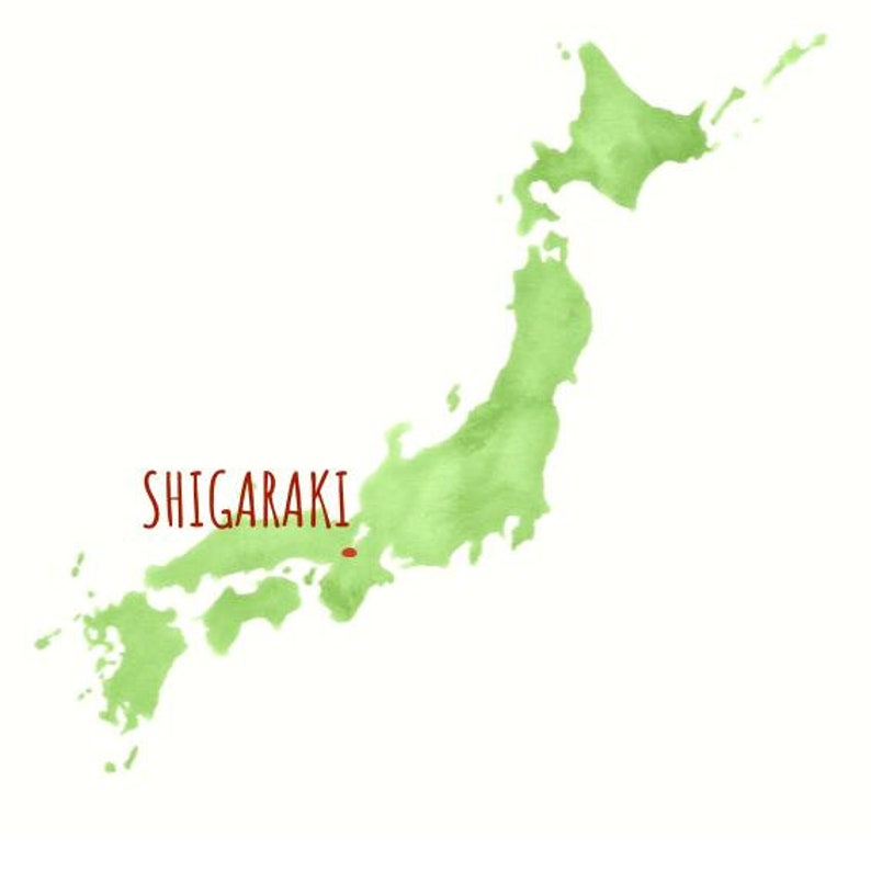 May include: A watercolor map of Japan with the city of Shigaraki highlighted in red.