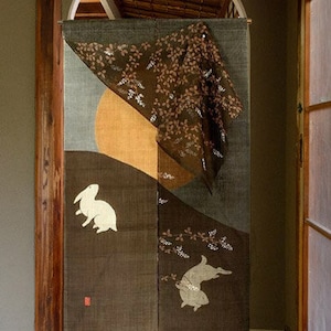Kyoto Linen Noren double cloth Japanese door curtain Hanging Curtain Handcraft Tsukimi Usagi Rabbit and Moon Motif Japan