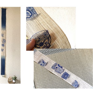 Kyoto Tapestry Wall Hanging Handpainted Linen Soba Choko Sometsuke Blue