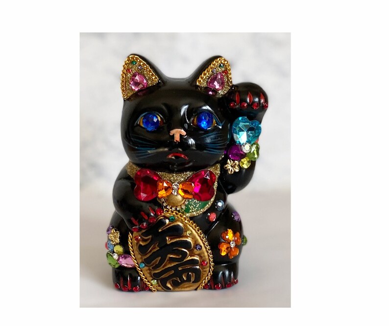 Deco Maneki Neko Japanese Lucky Cat Left Paw Handcraftblack Etsy