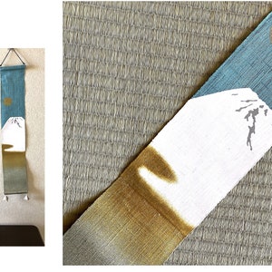 Kyoto Tapestry Wall Hanging Small Handpainted Linen Mt.Fuji Blue Winter Japan