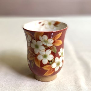 Yunomi Kyo Kiyomizu yaki pottery Japanese tea cup Red glaze Cherry Sakura
