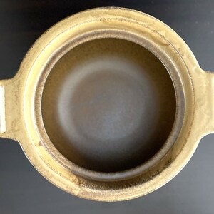 May include: A brown ceramic pot with two handles. The pot has a glazed finish and a slightly textured surface.