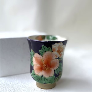 Yunomi Kyo Kiyomizu yaki pottery Japanese tea cup Purple glaze Rosemallow