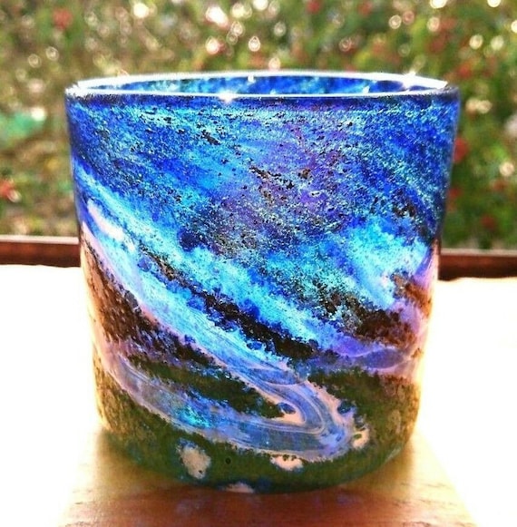 Japanese Ryukyu Glass Beer Rock Cup Tumbler Blue Sea Genkichi