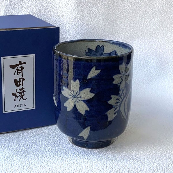 Arita yaki ware Japanese Green Tea cup Yunomi Sakura Runningwater Blue L