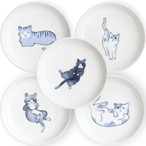 Cute Cats plate,Japense dish Mino ware,Blue,Sushi Soy source dish set of 5