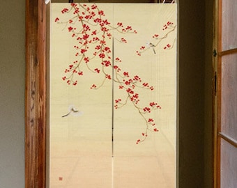 May include: A pair of beige room dividers with a delicate floral design featuring red blossoms and a small bird. The dividers are made of a woven material and have a traditional Japanese aesthetic.