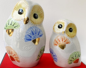Par de ornamentos de coruja japoneses em porcelana Fukuro Kutani yaki, estilo Mori Art, 15 cm, Japão, US DDP